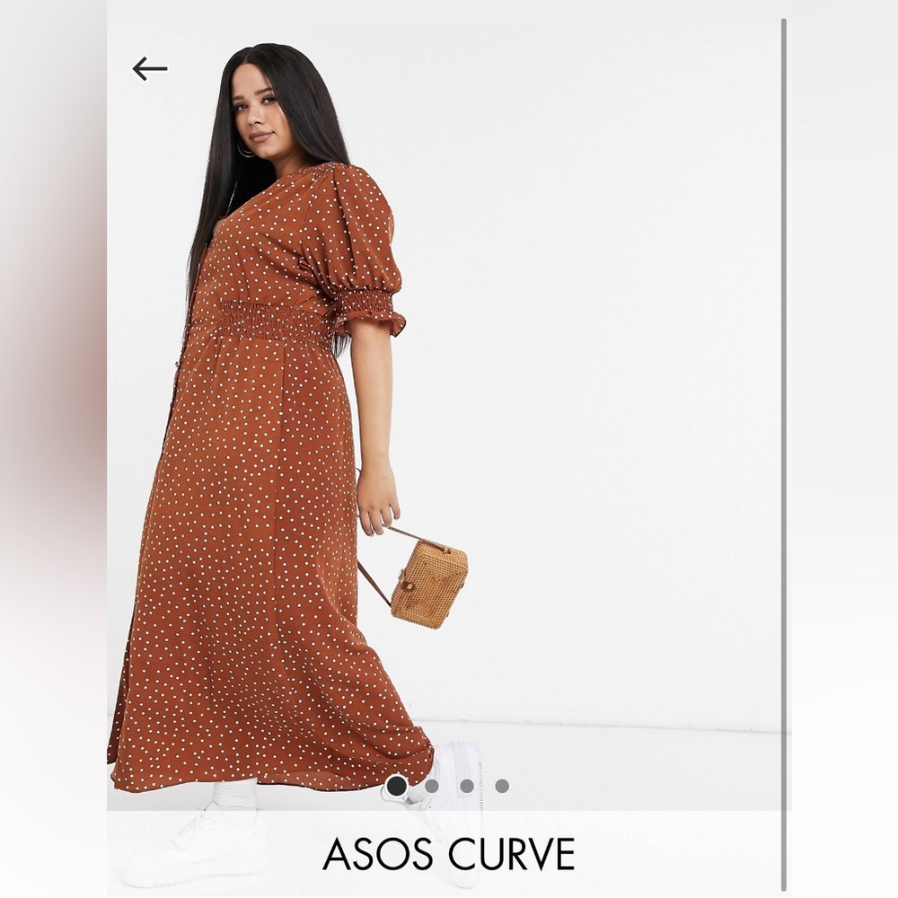 ASOS Design Curve Button Up Maxi Tea Dress with Shirred Waist in Polka Dot-US 18
